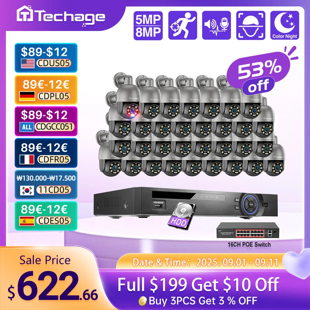 

Techage 36CH 4K 5MP 8MP POE PTZ Camera System Smart Ai Human Detected Two-way Audio Color Night H.26S Security Surveillance Kits