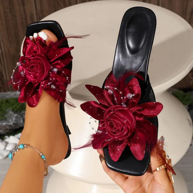 Blumen-Hochabsatz-Sandalen für Damen, Sommer-Urlaubsstil, Leichte und Bequeme Outdoor-Slipper, Vielseitige Pantoffeln