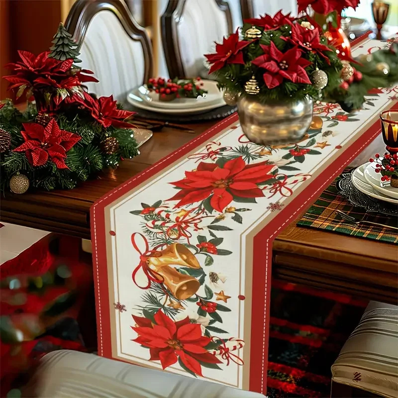 

Christmas Poinsettia Flower Bell Linen Table Runner Xmas Party Decor Winter Kitchen Dining Table Runners Christmas Decorations