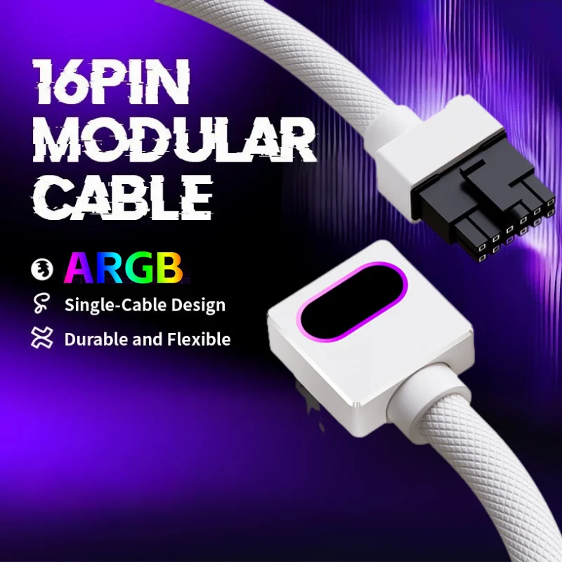 AIJS GPU16PIN Modular Cable 12VHPWR ARGB with 5V 3Pin 18AWG 90° Right-Angle Male to Male Design, Not Compatible with 5090 / 3070