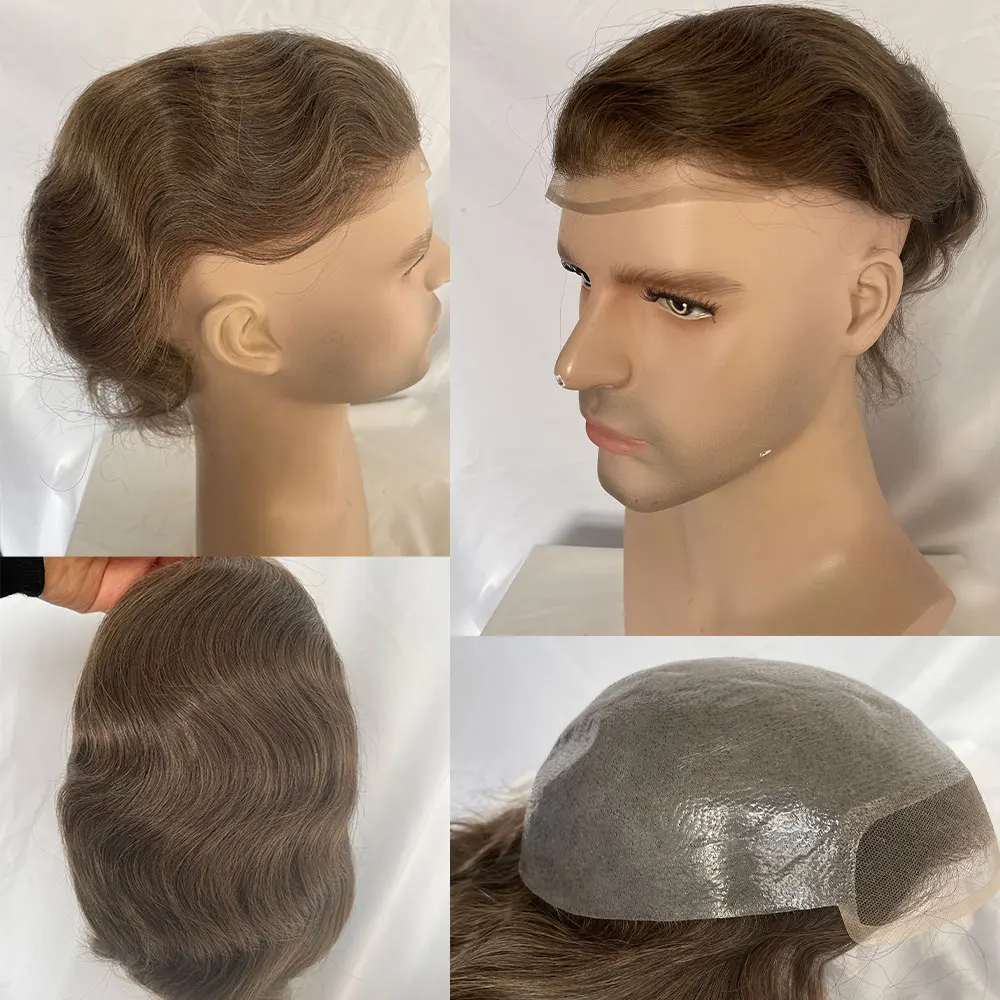 Toupee reto europeu do cabelo humano para homens, pele fina super, parte dianteira do laço suíço, sistema da substituição do cabelo, hairpieces, perucas, 10 "x8”