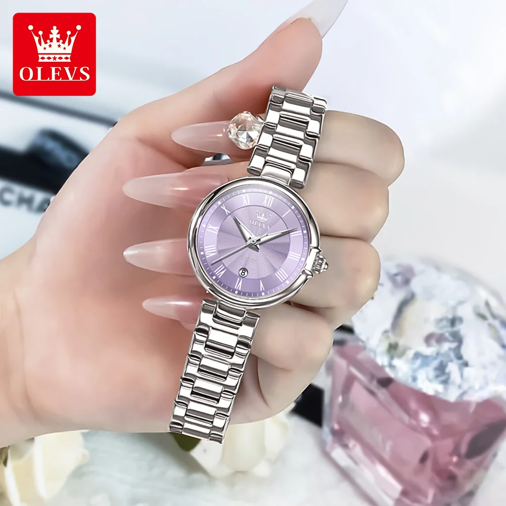 OLEVS Original Brand Luxury Quartz Watches for Women Waterproof Vintage Fashion Stainless Steel Silver Purple Ladies Watch 5608