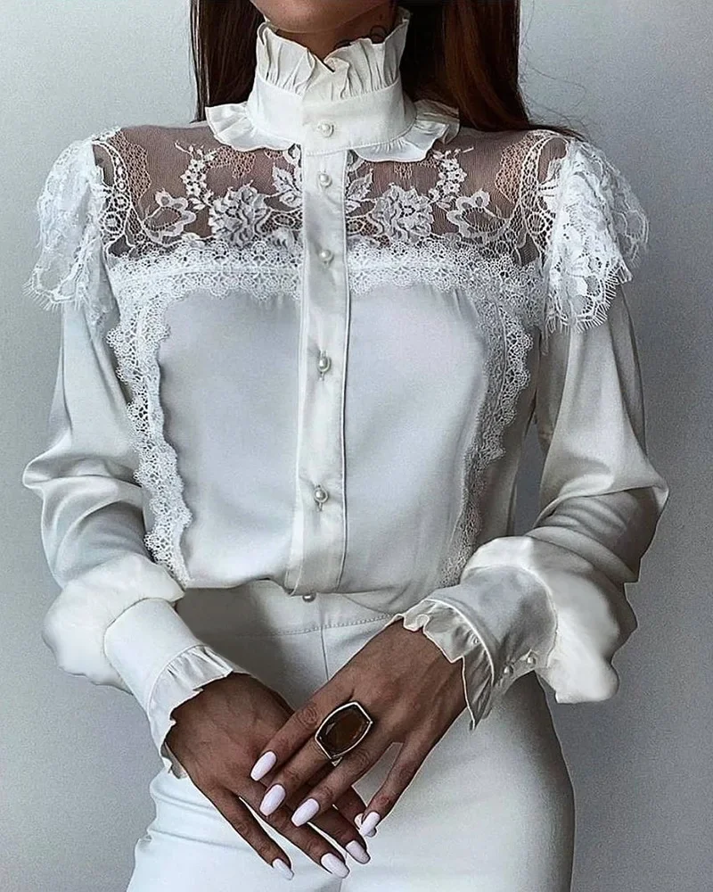 Women Lace Solid Color Casual Shirt White High Collar Mesh Lace Stitching Stringy Ruffles Shirt Top Blouse New