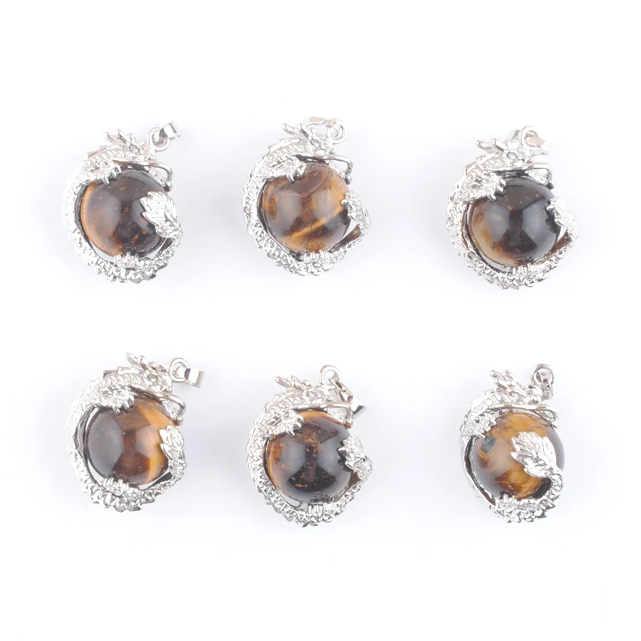 5Pcs Natural Tiger's Eye Stone Round Ball Bead Pendants Dragon Wrap Reiki Chakra Healing Amulet Jewelry Thanksgiving Gift EN3137