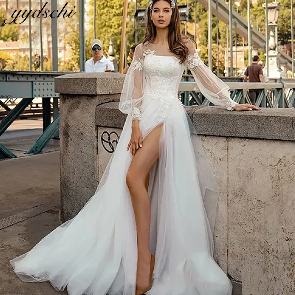 خمر بوهو الدانتيل زينة عالية الشق نفخة الأكمام ألف خط فساتين الزفاف 2025 الوهم ذيل محكمة تول زي العرائس للنساء #1
