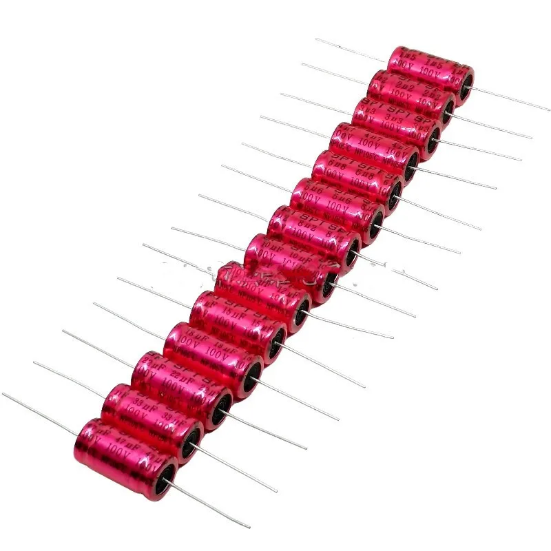10PCS SPT Red Sleeve 2.2/3.3/4.7/6.8/10/22/33/47uF 100V Horizontal Axial Non‑Polar NP Aluminum Electrolytic Capacitor