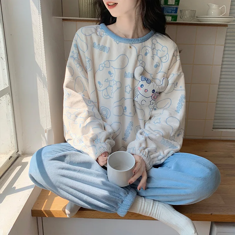 Cute Cinnamoroll Cartoon Plush Pajamas Suit Sanrios Anime Kuromi Homewear Sleepwear Autumn Winter Flannel Girl Kawaii Nightwear