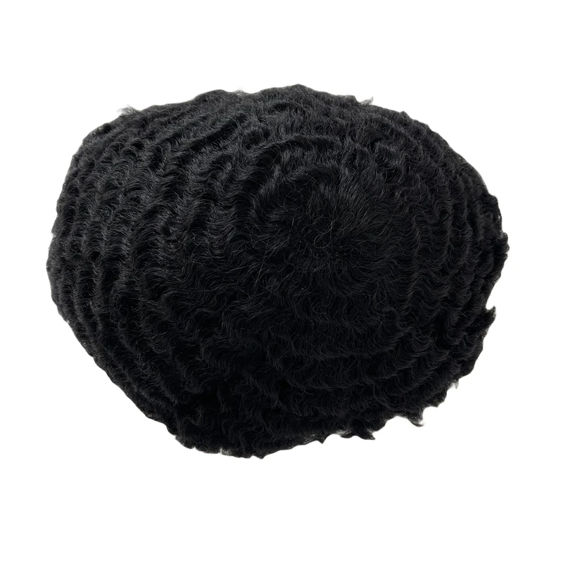 Sostituzione dei capelli umani vergini indiani #1 Jet Black 8mm Wave Full Knots PU Toupee 8x10 Skin Unit per uomini neri