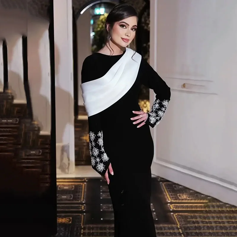 Eleganckie sukienki wieczorowe LAYXHS z dekoltem w serek, zdobione koralikami, z długimi rękawami, syreni krój, plisowane sukienki na studniówkę, szyte na miarę فساتين سهرات