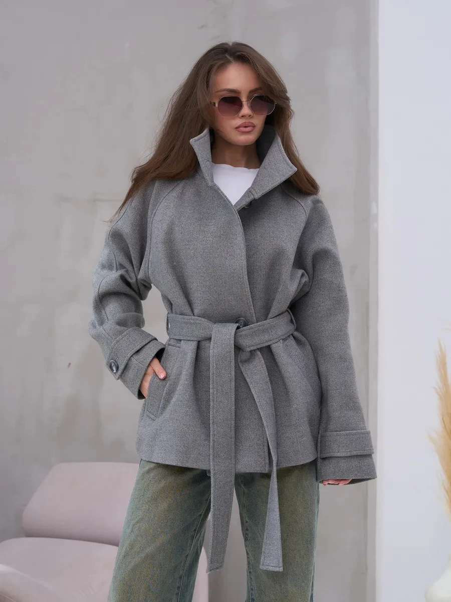PUAL  Women Stand Collar Wool Blend Coat With Belt Casual Long Sleeve Loose Short Outerwear For Autumn Winter