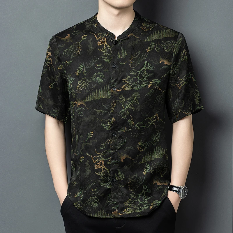 National Style Premium Shirts For Men Short Sleeve Real Silk 100% Summer Quality Skin-Friendly Coolness Casual Camisas De Hombre