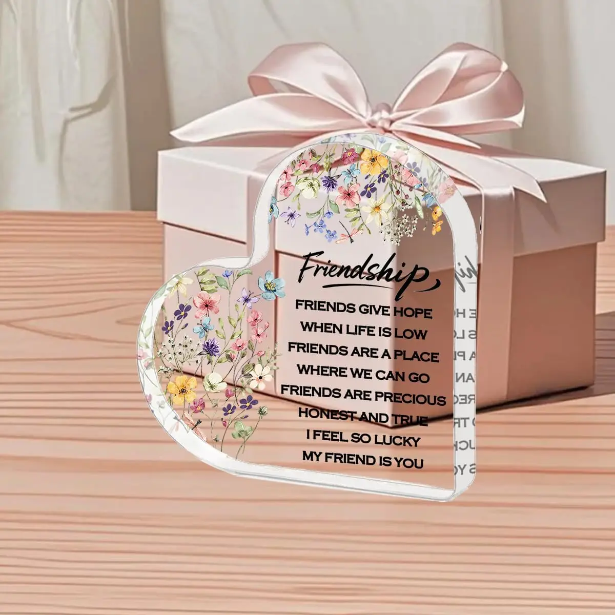 Boho Watercolor Wildflower Heart‑Shaped Acrylic Sign, True Friendship Blessing Grateful Friend Desktop Ornament