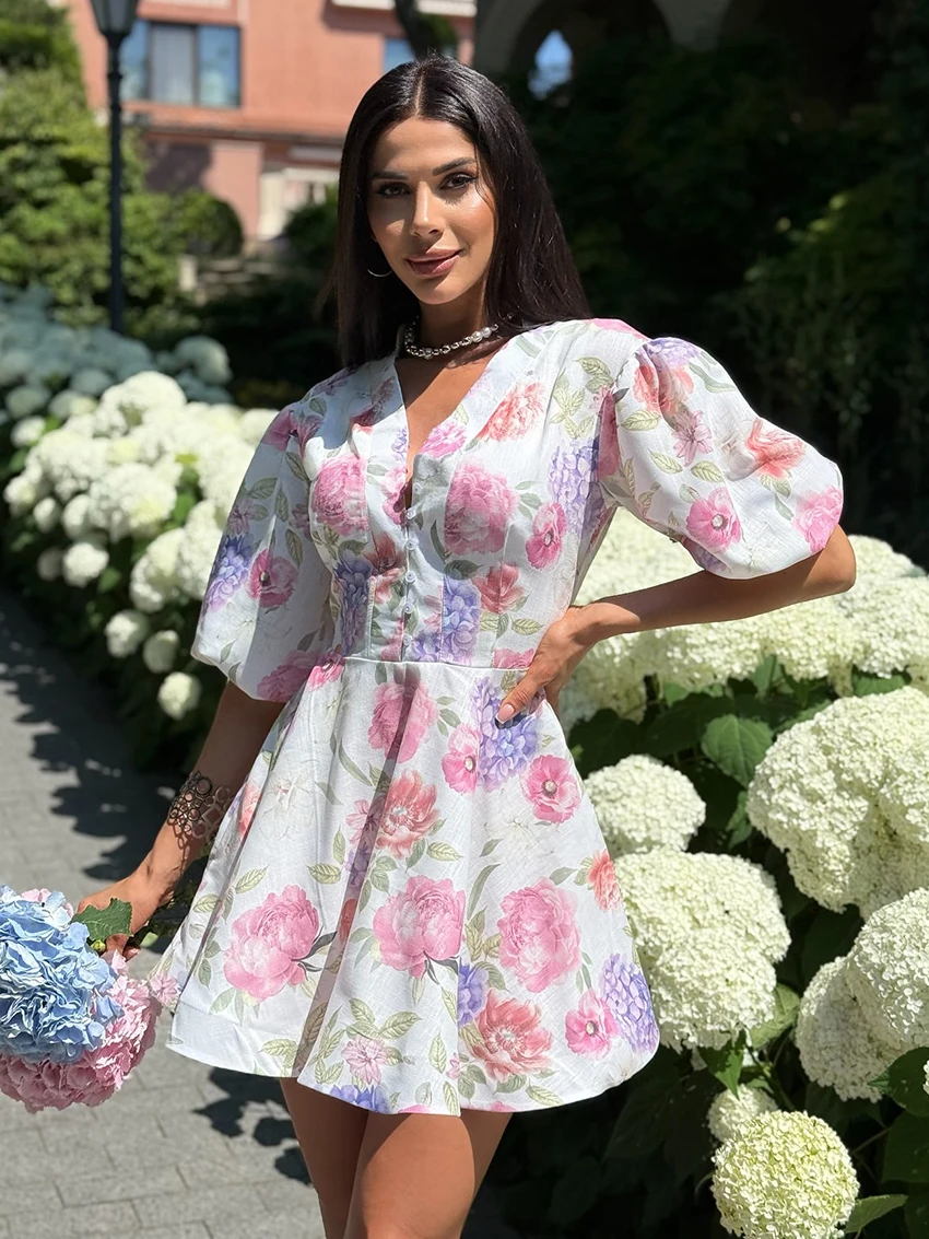 

Marthaqiqi Printing Women Pajamas Short Sleeve Nightgowns Sexy V-Neck Nightwear Mini Dress Fashion slim Ladies Sleepwear Comfort