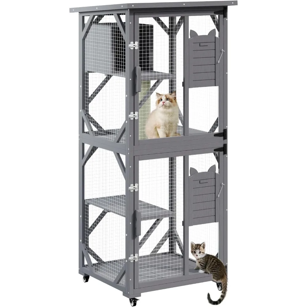 

71" Cat House Outdoor Catio Cat Enclosures on Wheels, Large Outside Patio Wooden Cat Cage Resting Box,Scratching Post