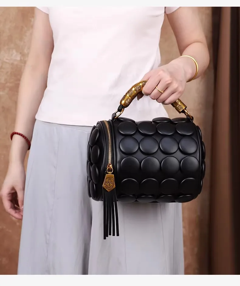 

New Arrival! Handmade Cylinder Women's Bag - Classic Button Design, Versatile Shoulder & Crossbody Styles, Stylish Pillow Shape