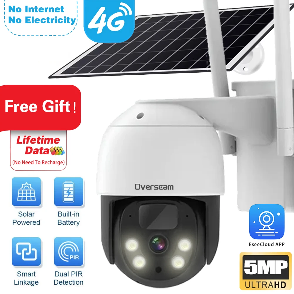 

5MP Solar Security PTZ Camera Built In Unlimited Data 4G SIM Card Solar Battery Powered Camera HD Home Surveillance Protection
