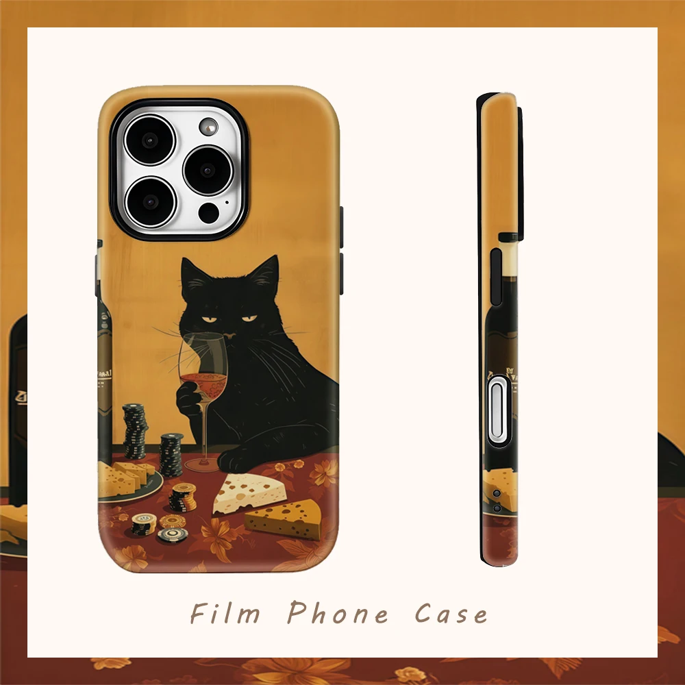 Wine & Cheese Cat Handyhülle für IPhone 17AIR 16E 16 15 14 13 12 11 17 Pro Max Plus Doppelschichtige Rückseite