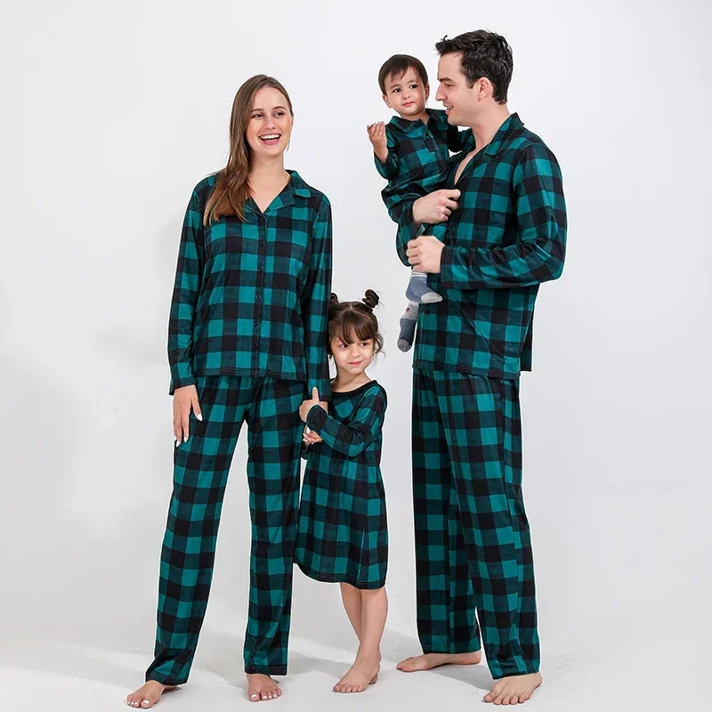 2024 natal família olhar xadrez impressão camisa de manga longa + calças 2 peças terno homewear natal combinando pijamas conjunto quente macio pjs