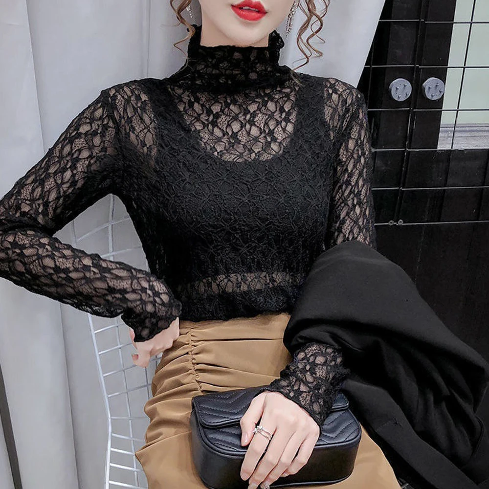 Ladies Elastic Flower Lace T Shirt Women Stretch See Through Shirt Black White Apricot Color Blouses O Neck Long Sleeve S-XL Top