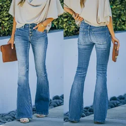 Casual Flared Pants Lady Denim Boot Cut Pants Female 5 Buttons Blue Flared Jeans Women Stretch Slim Streetwear Denim Trousers