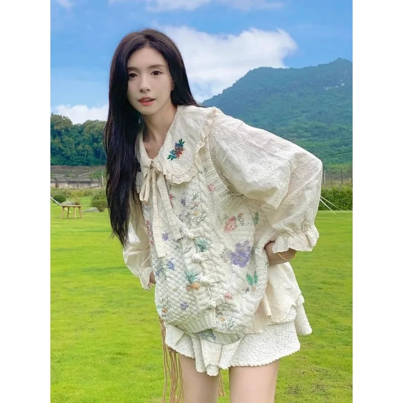 Large Size National Style Floral Disc Buckle Knitted Vest Doll Collar Long Sleeve Shirt with Two Sets of Trendy Exquisite Simple