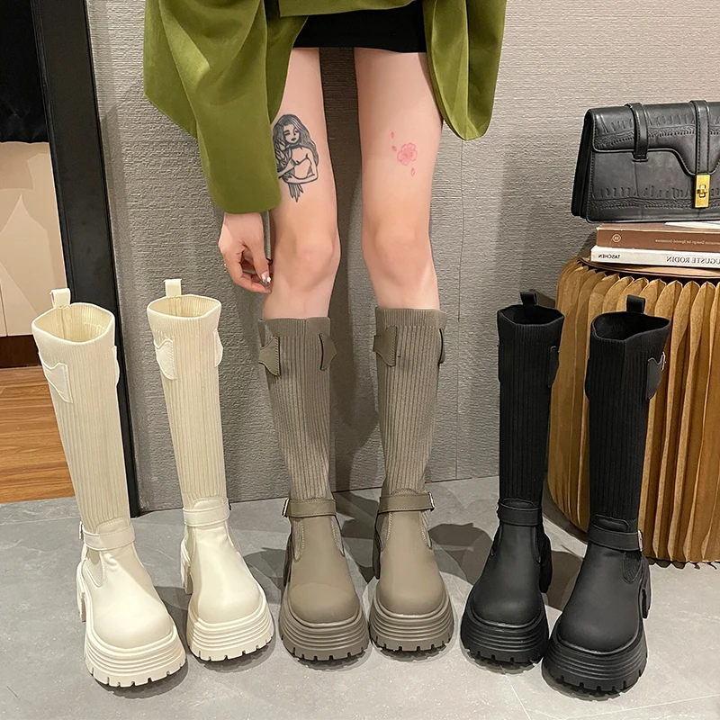 Shoes Boots Socks Heels Round Toe Boots-Women  Stockings Ladies Autumn High Heel Lolita 2022 Over-the-Knee Rubber Cotton Fabric