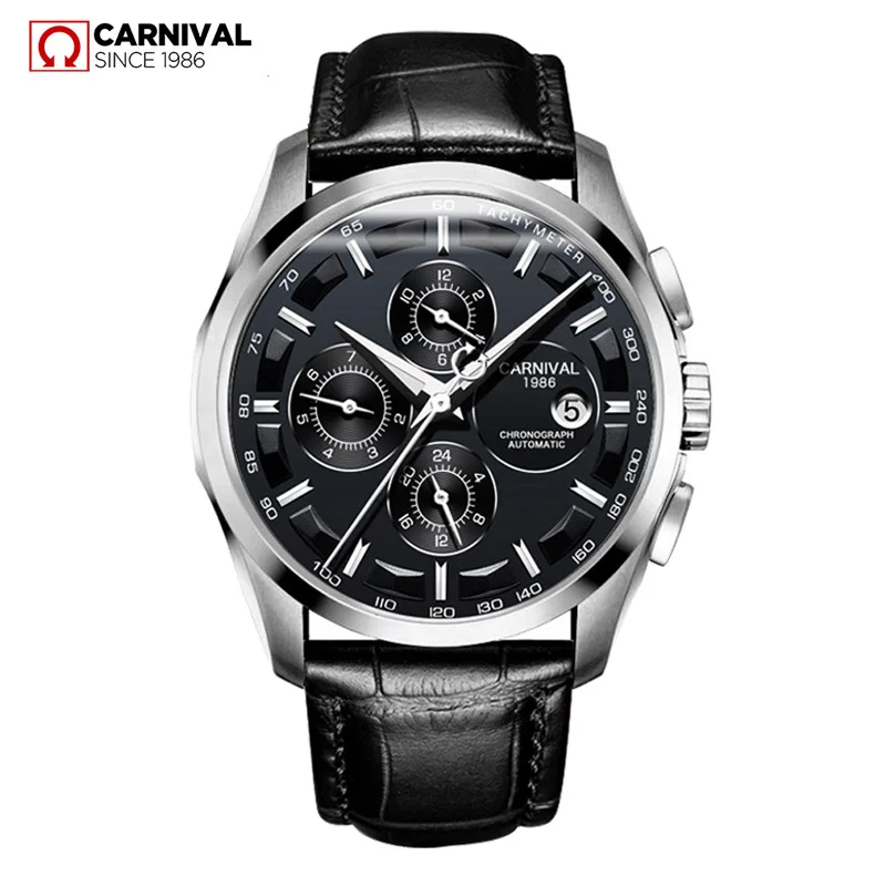 New CARNIVAL Multifunction Dial Watch Men 3ATM Waterproof Leather Strap Mens Automatic Mechanical Watches Reloj Hombre