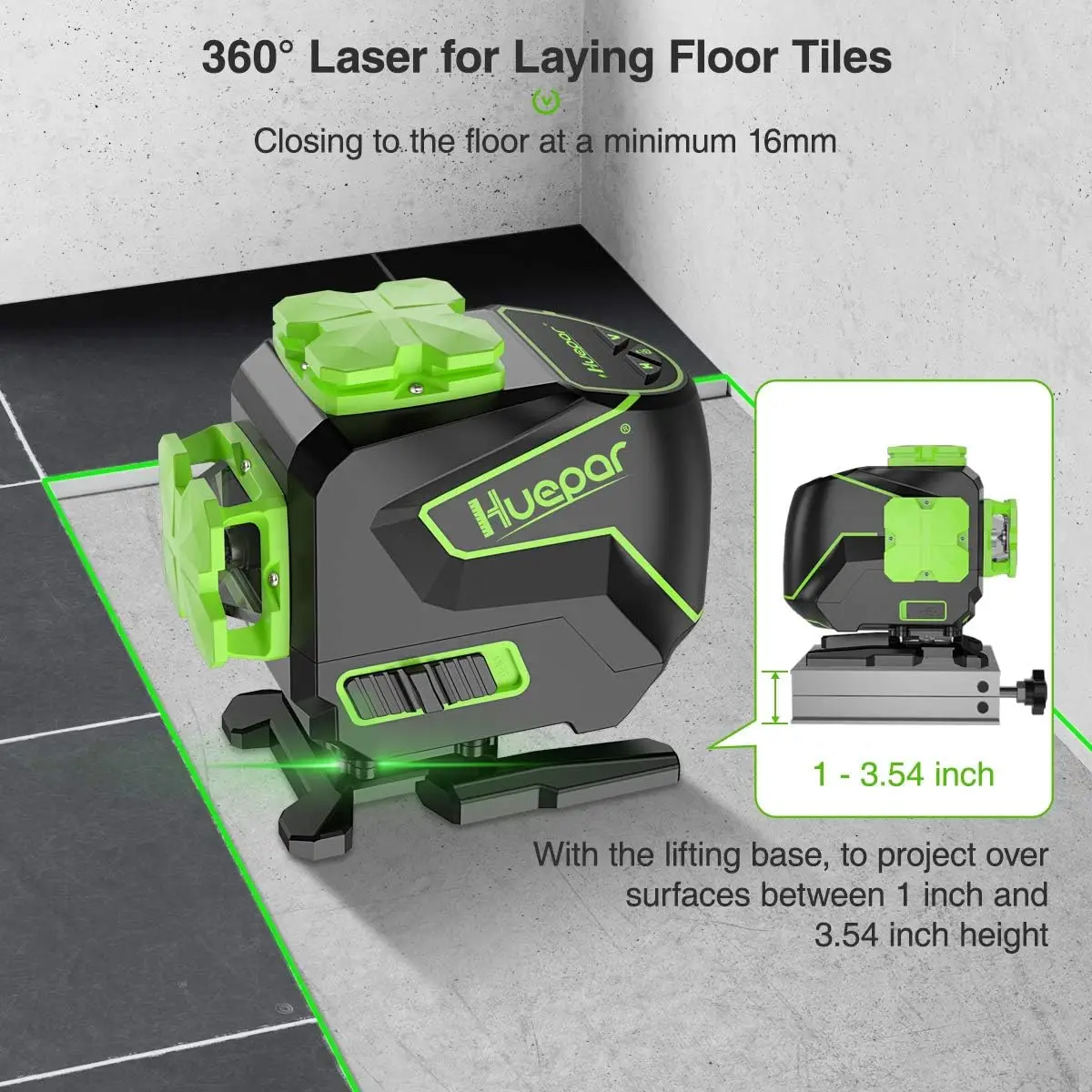 Huepar 3x360 Cross Line Laser Level 3D Self-leveling Osram Diode Green Beam Tiling Floor Laser Tools Vertical & Horizontal Lines