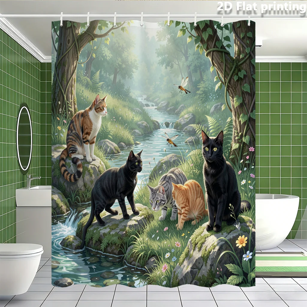 Cute Cats Forest Wildlife Shower Curtain Waterproof Bathroom Curtain Jungle Nature Aesthetic Decor Art Print for Kids Adults view 5