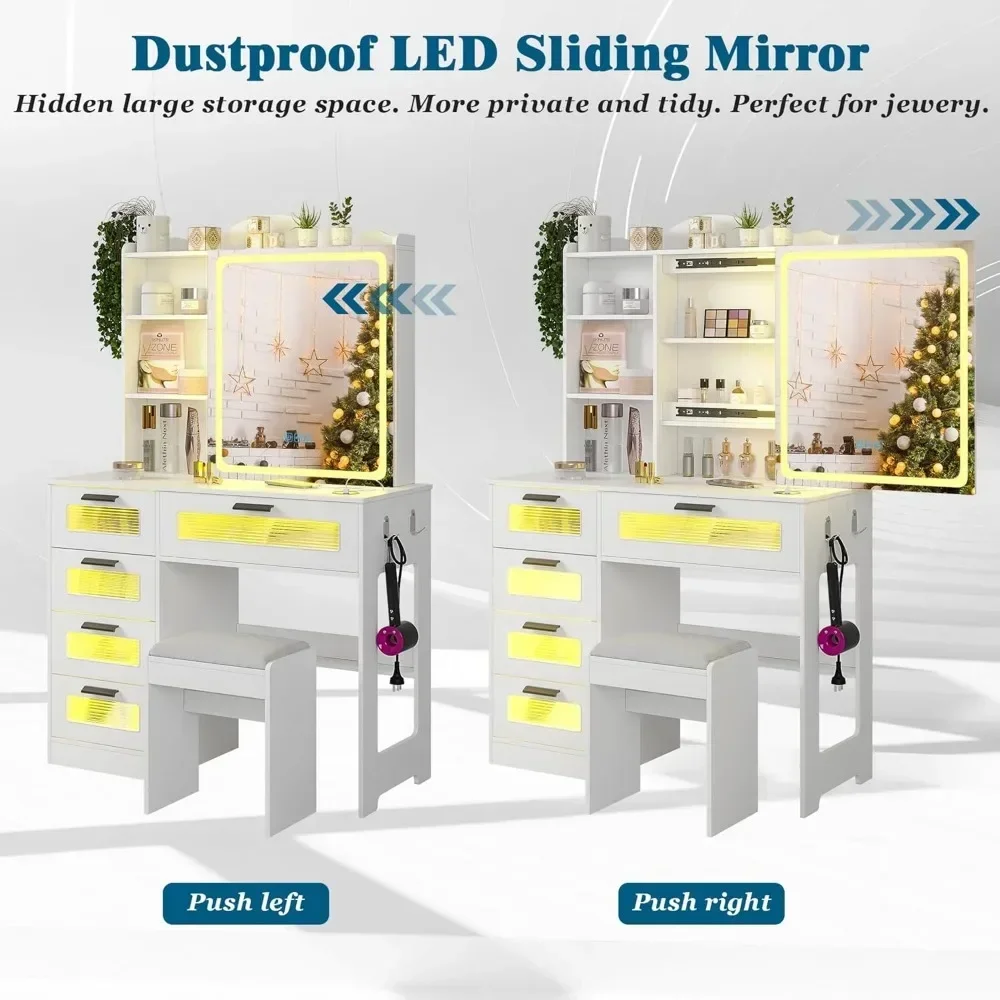 Cermin Rias Geser, Meja Rias Rias dengan Stasiun Pengisian Daya, Meja Rias Meja Rias dengan Bangku dengan Lampu