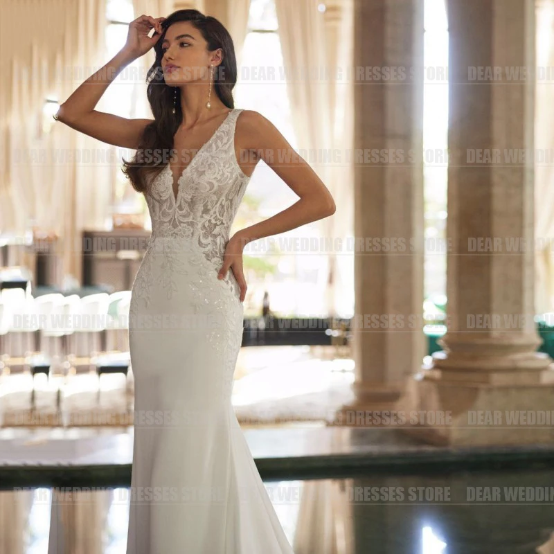 Vestidos de novia de lujo con cuello en V, apliques de encaje de sirena sin mangas, satén Sexy, tren de barrido, vestidos de novia formales elegantes de princesa