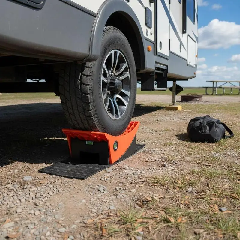 

RV Leveling Wedges 15" For Travel Trailers Motorhomes Campers 4" Lift Height Heavy Duty Curved Ramp Kit Rubber Mats Carrying Bag Bubble Indicators 2-Pack