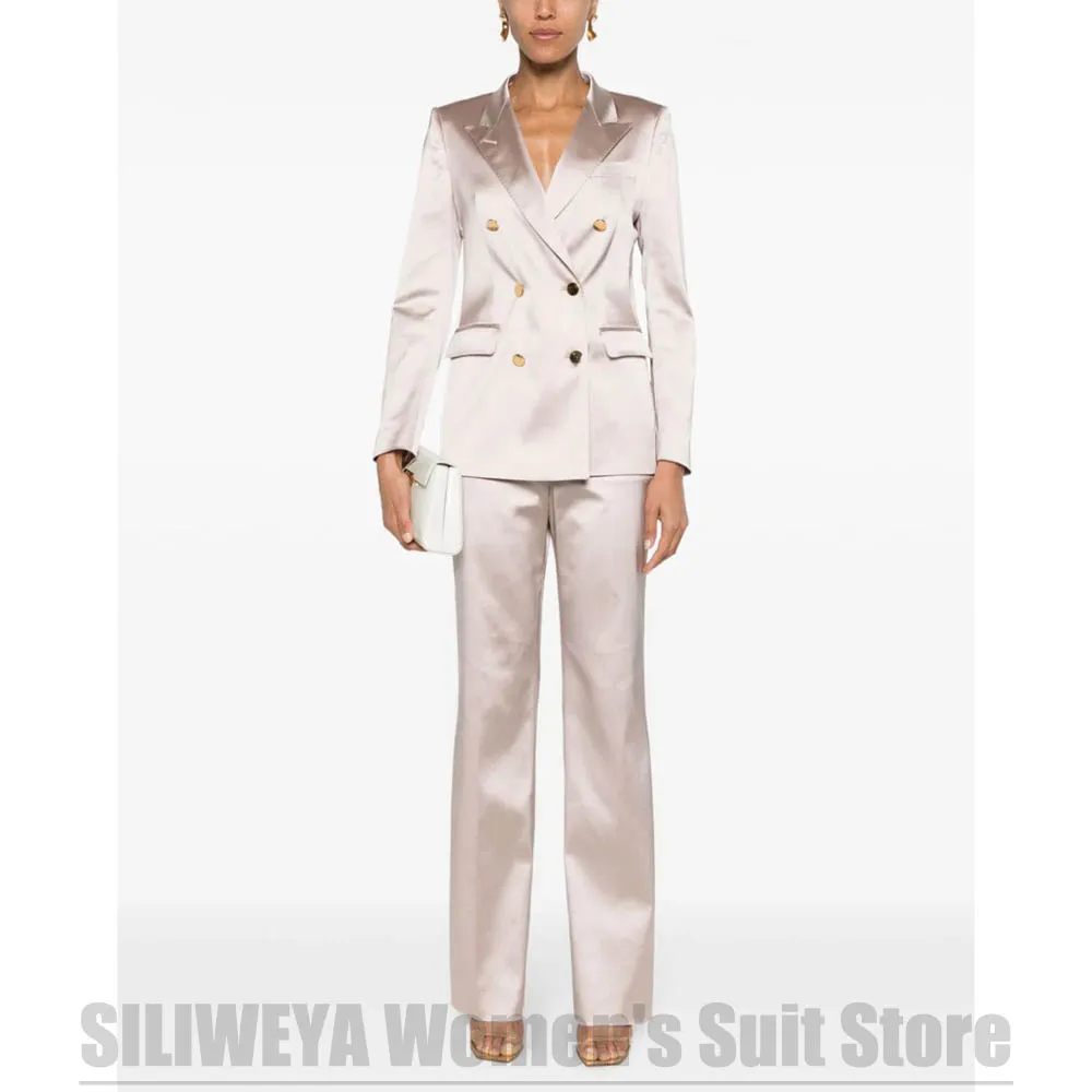 Fashion Satin Women's Suit 2 Piece Double Breasted Peak Lapel Blazer Wide Leg Pants Set Shiny Fabric Wedding Party Suits