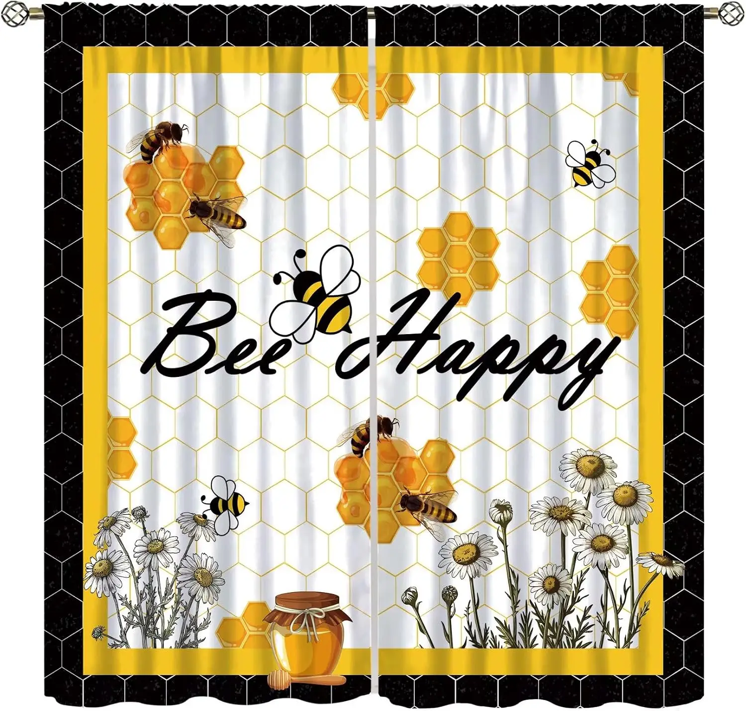 Bee Happy Honeycomb Daisy Curtain 2 Panels Honey Jar Yellow Black Frame White Background Master Bedroom Cute Farm Home Decor