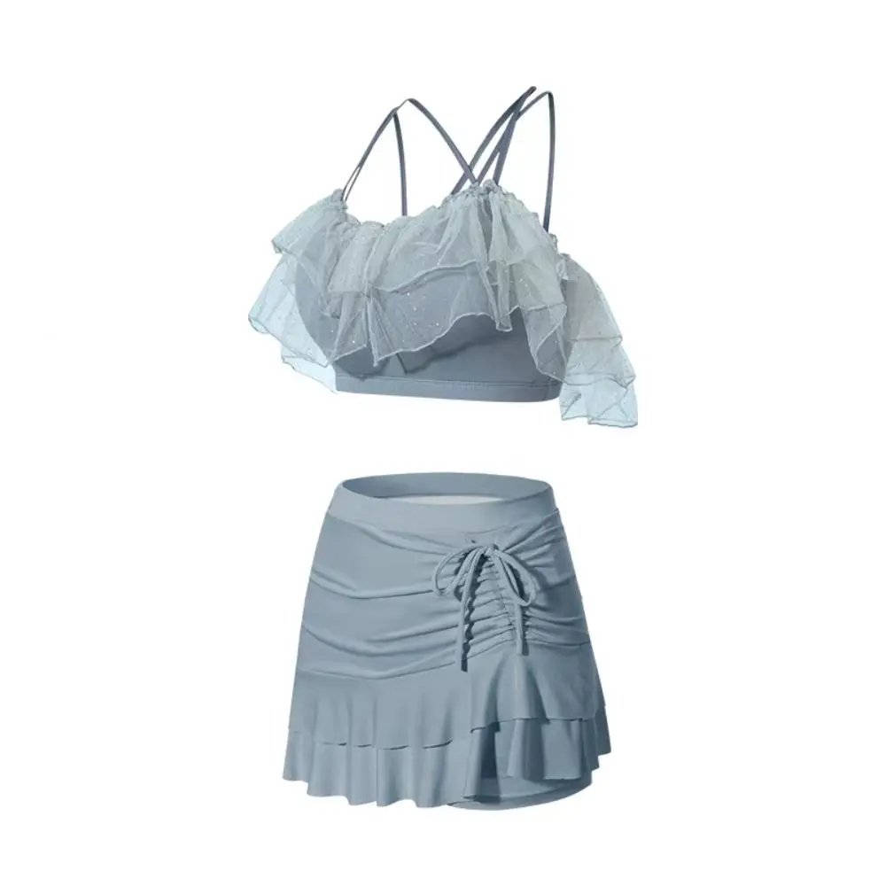 Süßer Slim-Fit-Badeanzug mit A-Linien-Rock, Puff-Rüschen, schulterfrei, Spitze, Rüschen, Badeanzug, Strandmode, zweiteiliges Set, Bademode für Damen