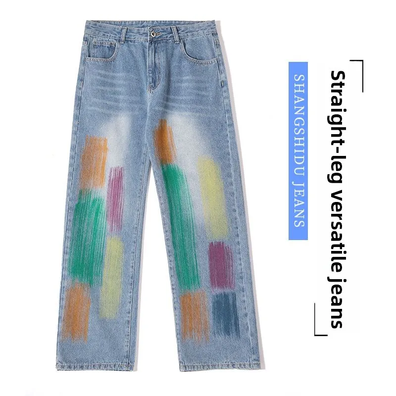 

Мужские модные джинсовые брюки с граффити, тонкие синие рваные мужские джинсовые брюки, грубые ретро осенне-зимние эластичные корейские мешковатые уличные брюки