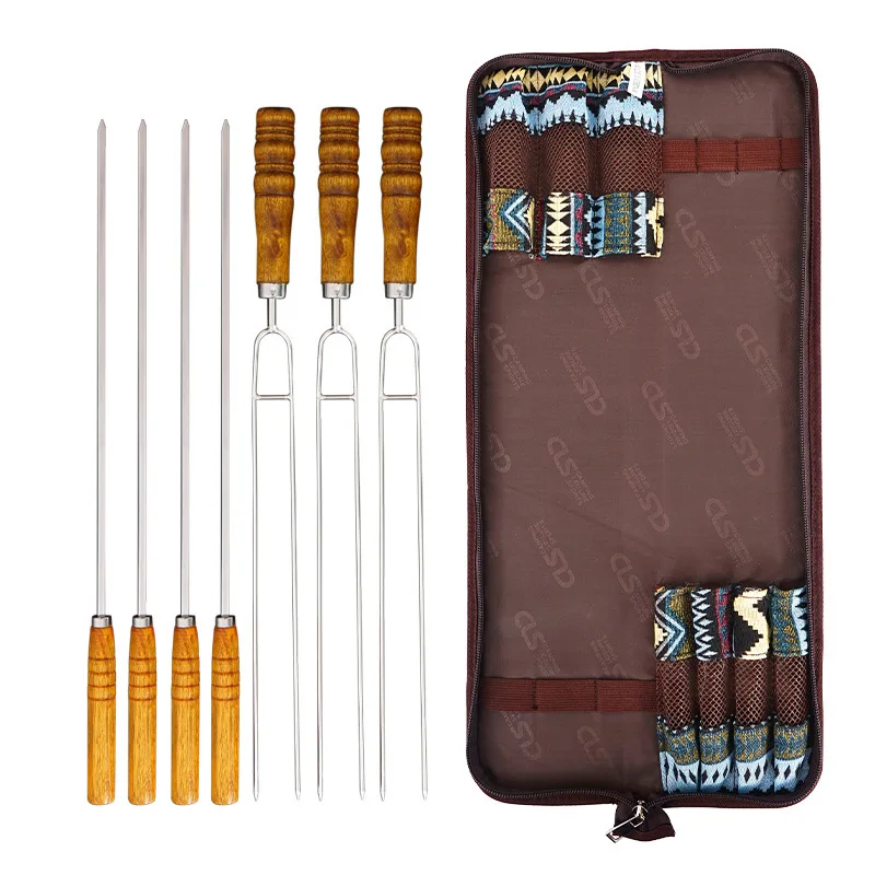 Outdoor BBQ Needle Barbecue Fork Barbecue Stick Portable Stainless Steel U-shaped Wooden Handle Picnic 7-piece Set