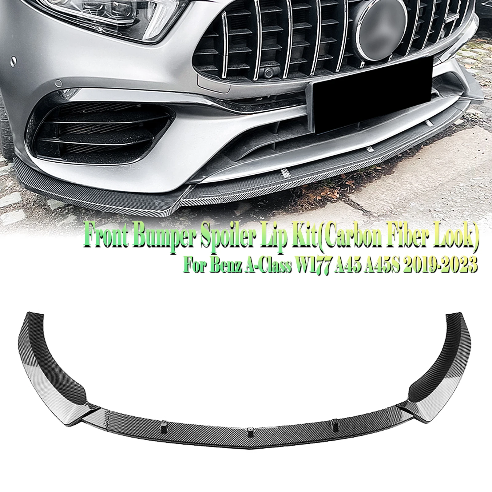 

Front Bumper Spoiler Lip For Mercedes Benz A Class W177 A45 A45S 2019-2023 Carbon Fiber Look/Gloss Black Lower Body Protector