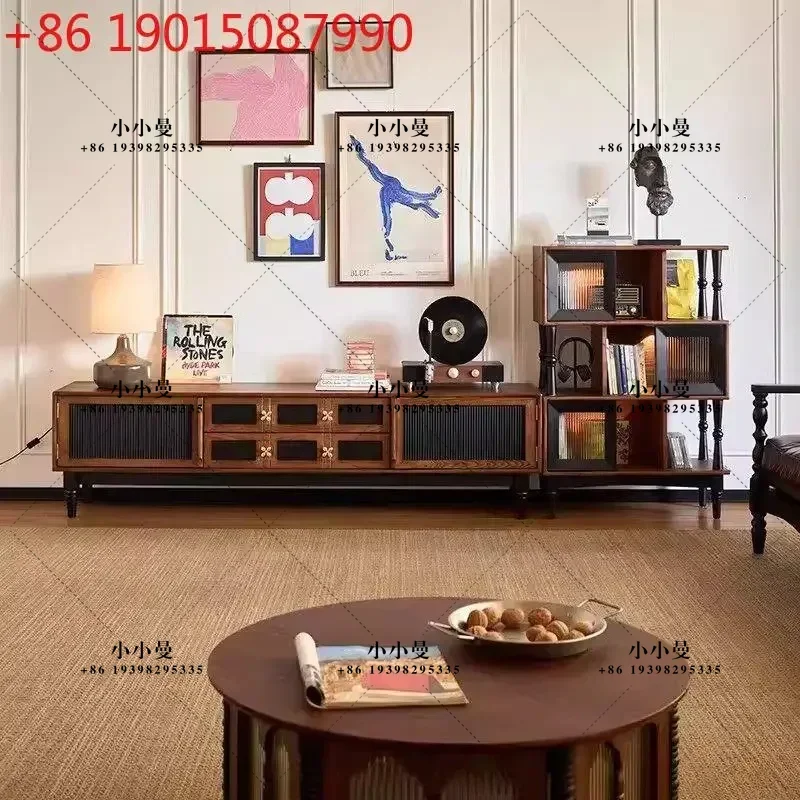French retro solid wood TV cabinet combination household living room locker contrasting color audio-visual cabinet