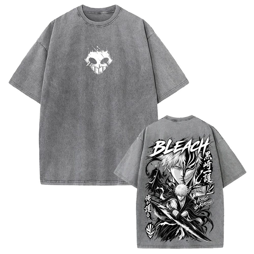 Manga Bleach Kurosaki Ichigo T Shirt Harajuku Vintage Washed T-shirt Men Women Clothing Short Sleeve Oversized Casual Tees Tops