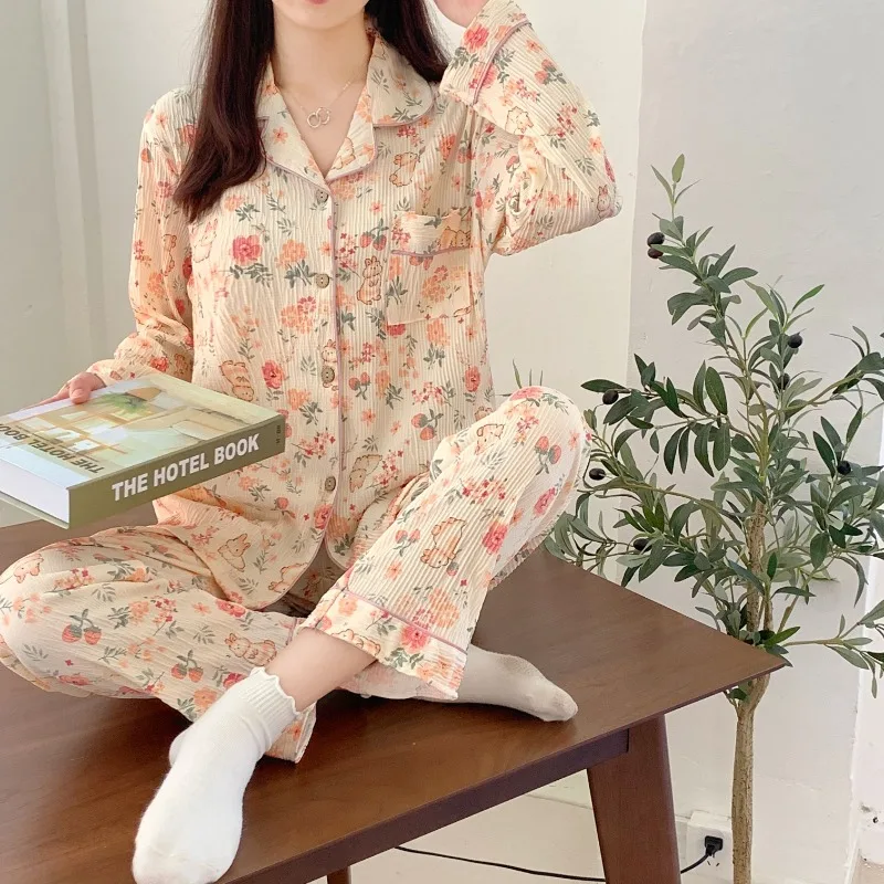 Pijama de tulipán para mujer, conjunto de dos piezas con pantalones de manga larga, ropa de dormir dulce, traje de Casa de talla grande para estudiantes, primavera y otoño, 2024