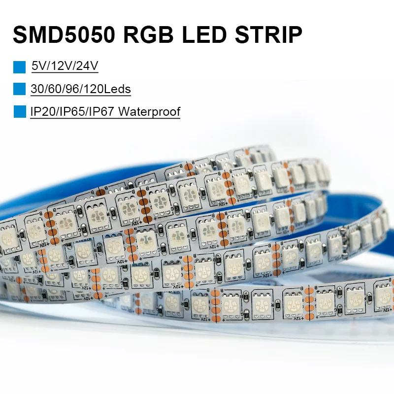 DC 5V 12V 24V Flexible RGB LED Strip Light 5050 SMD 30/60/96/120LEDs/M IP20 IP65 Waterproof 6mm 10mm LED Tape LED Strips Light