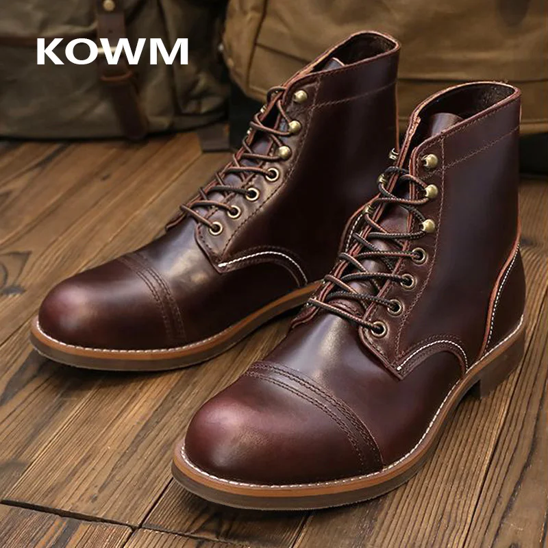 

KOWM Hiking shoes men's walking boots British cowhide high top motorcycle boots ankle trekking shoes thick soled casual sneakers