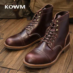 KOWM Hiking shoes men's walking boots British cowhide high top motorcycle boots ankle trekking shoes thick soled casual sneakers