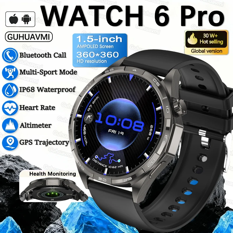 

New Watch 6 Pro Sports Smart Watch Man AMOLED GPS Trajectory Compass Heart rate Waterproof Bluetooth Call Smart Watches For ios