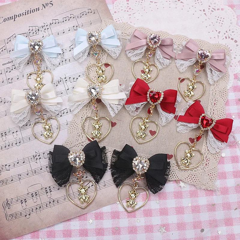 Customized Handmade Japanese Cute Barrettes Sweet Hairclips Kawaii Hair Accessories Love Bear Pendant Lace Bow Edge Clip A Pair