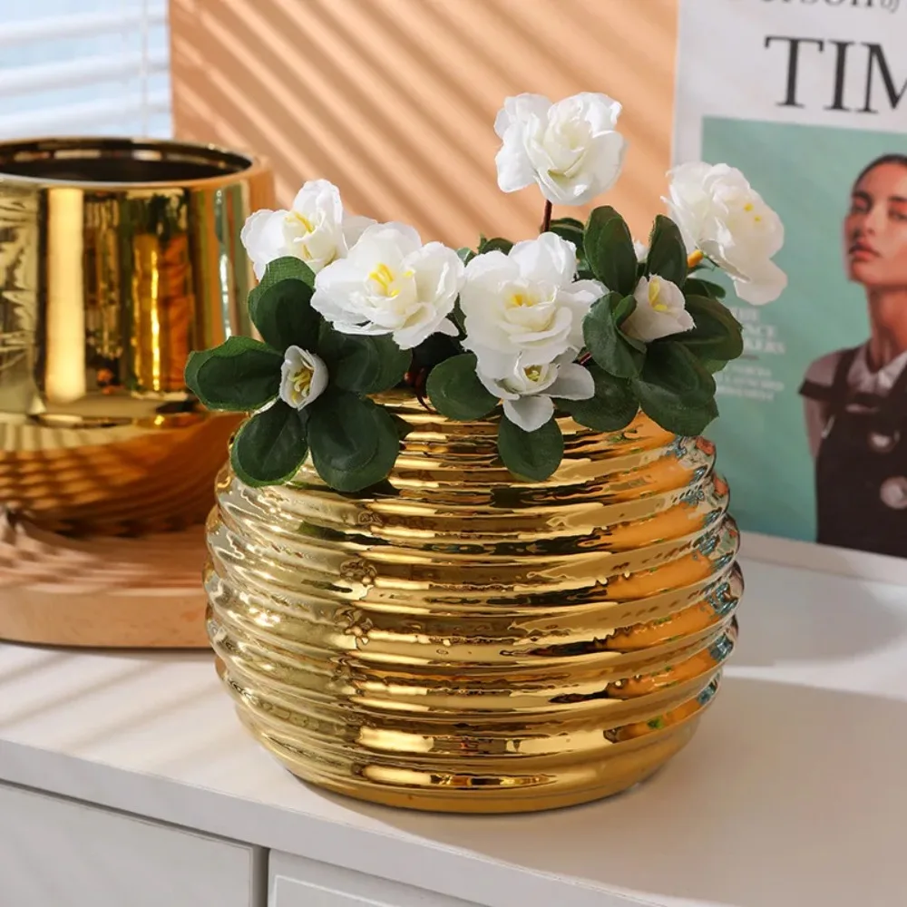 Office Table Ceramic Flowerpot Gold Plating Advanced Potted Plants Green Plant Flower Arranging Device Planting Accessories
