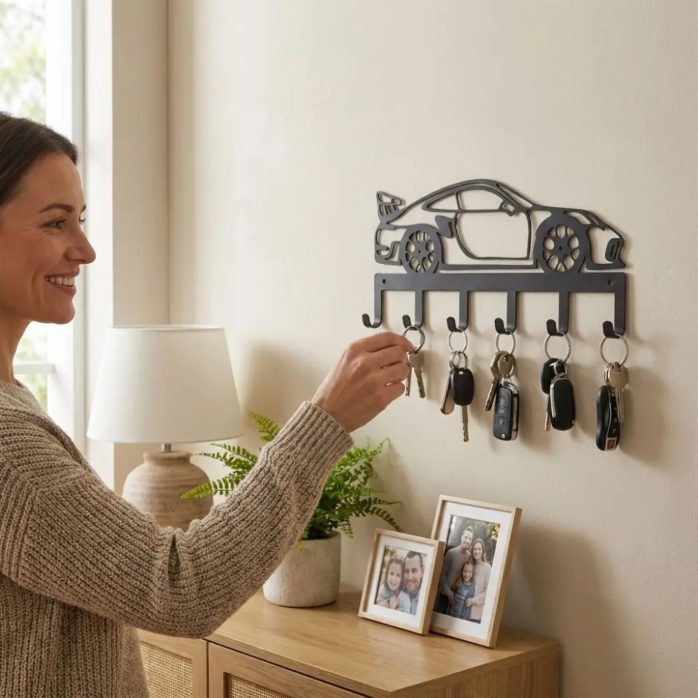 Black Minimal Metal Car Key Holder Wrought Iron Industrial Style Sports Car Storage Hooks Pre-Drilled Holes Sturdy 6 Hooks