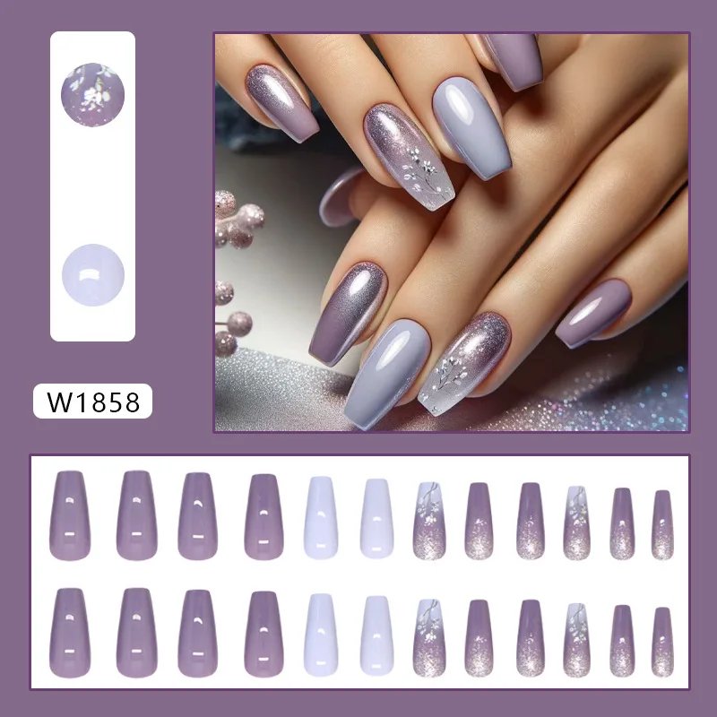 Long Ballerina Fake Nails French Purple Flowers False Nails Full Cover Press on Nails Gradient Purple Ballet False Nails Set