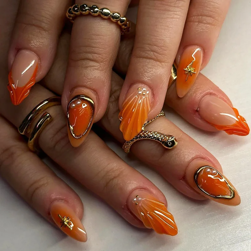 

24Pcs Long Almond Press on Nails - Luxe 3D Shell Design with White Pearls & Irregular Gold Foil on Coral Base